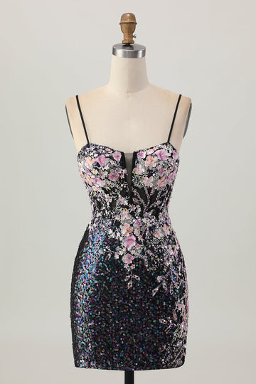 Sparkly Black Pink Flower Bodycon Corset Short Homecoming Dress with Sequins